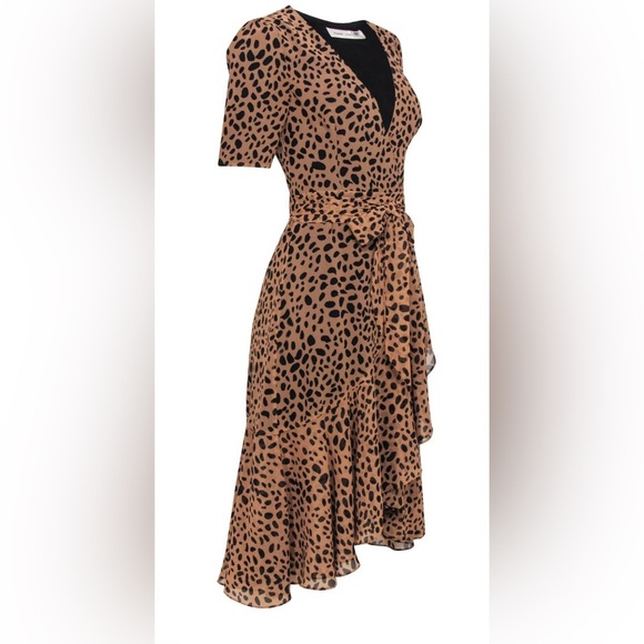 Fame And Partners - Tan & Black Leopard Print Short Sleeve Wrap Dress, Size 0 - Picture 2 of 13